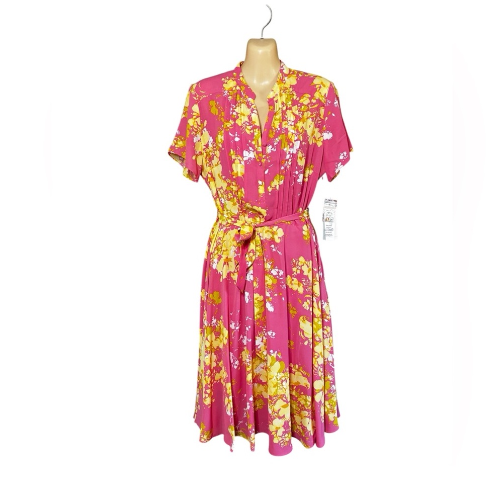 Nanette Lepore Pink Floral Pleated Tie Waist Midi Dress Size 8 NWT